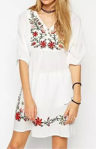 White Boho Floral Embroidered Dress