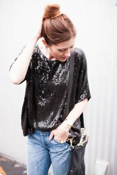 Black Oversized Sequin T Shirt with Blue Slim Fit Jeans