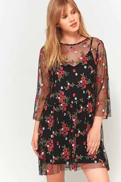 Black Three-Quarter Sleeve Semi-Sheer Two-Layered Dress