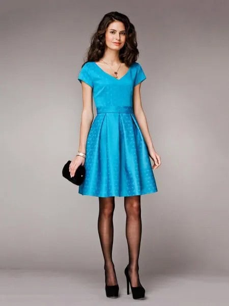 Light Blue Belted Silk Cocktail Dress