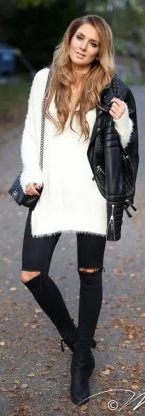 White Long Fuzzy Sweater with Black Ripped Skinny Jeans & Leather Jacket