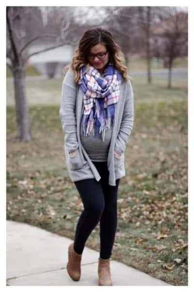 Grey Relaxed Fit Cardigan with Blue and White Plaid Fringe Scarf