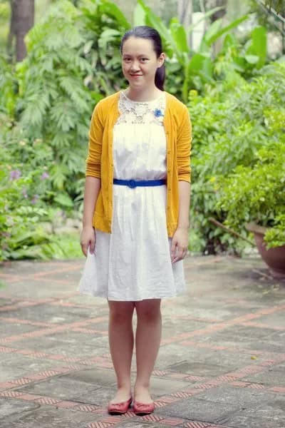 White Linen Belted Shift Dress with Yellow Cardigan