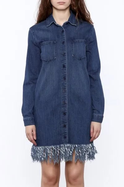 Dark Blue Denim Fringe Shirt Dress