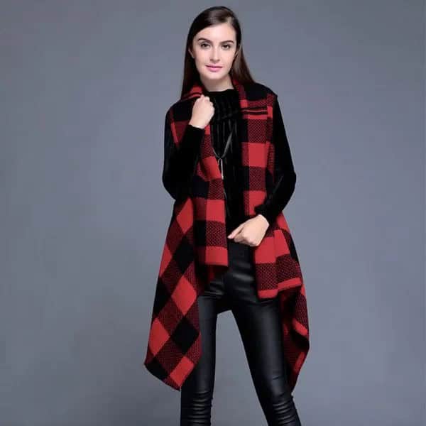 Long Flannel Red and Black Plaid Vest with Black Top & Leather Pants