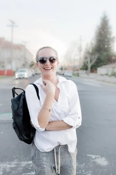 White Popover Shirt with Heather Grey Jogger Pants