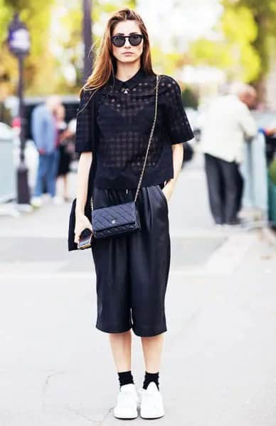 Black Semi-Sheer Short Sleeve Blouse with Leather Cropped Wide Leg Pants