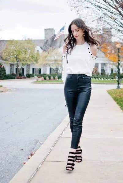 Wear with Black Leather Leggings and Strappy Heeled Sandals