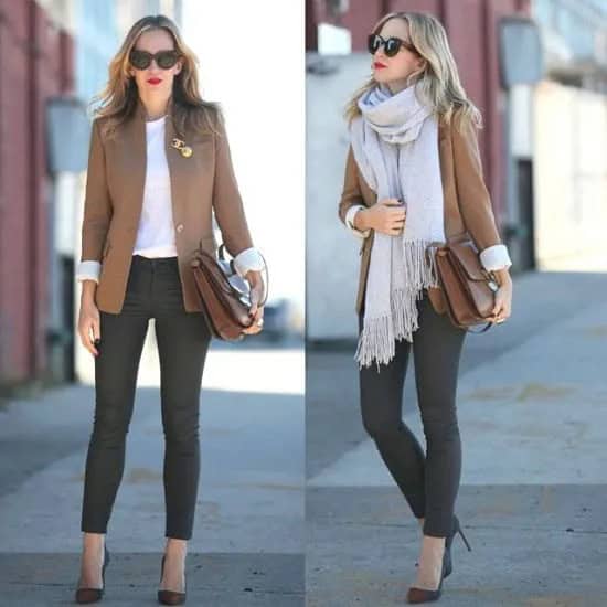 Tan Blazer with Grey Fringe Scarf & Ankle Skinny Jeans