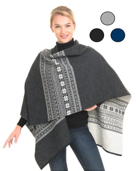 Tribal Printed Grey and White Wool Poncho