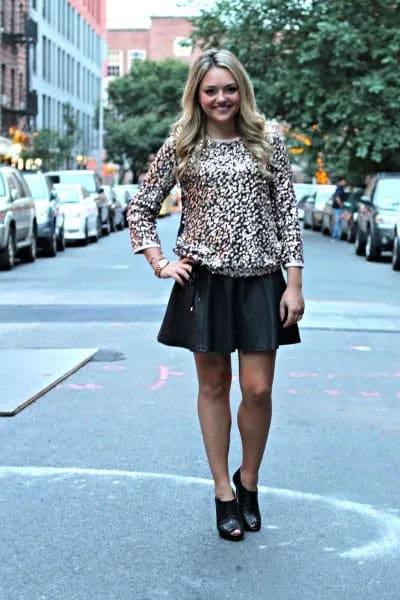 Wear with Black Leather Mini Skater Skirt with Short Boots