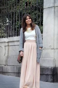 Grey Sweater Cardigan with Blush Pink Maxi Linen Skirt