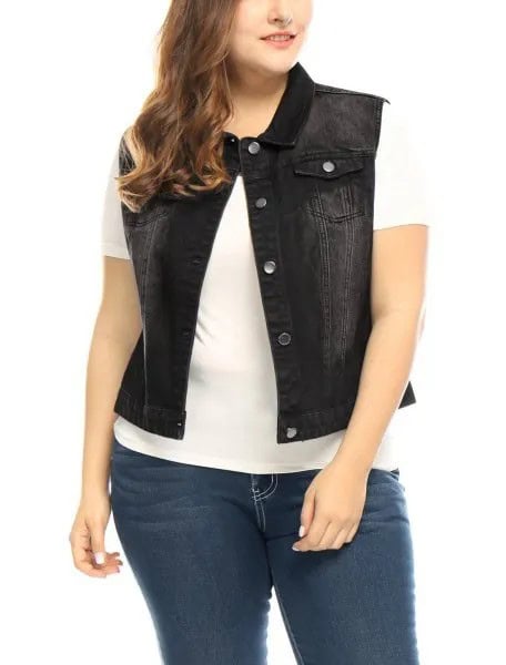 White T Shirt with Black Fitted Denim Vest with Dark Blue Skinny Jeans