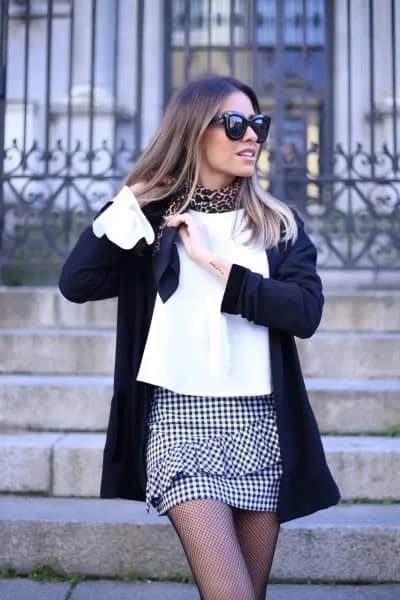 Mini Skirt with White Blouse & Black Wool Coat