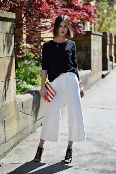 Black Relaxed Fit Sweater with White Culottes