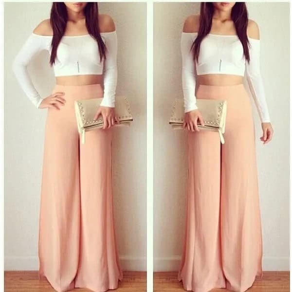 Pink Trousers with White Off The Shoulder Cropped Form Fitting Top