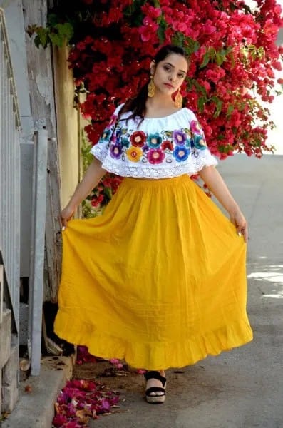 White Boat Neck Mexican Peasant Blouse with Yellow High Waisted Flared Maxi Skirt