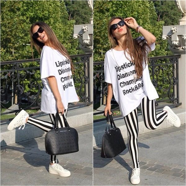 White Oversized Print Tee with Vertical Striped Leggings