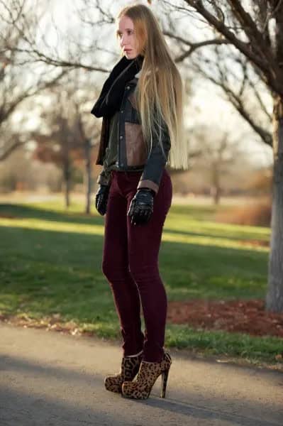 Dark Brown Leather Jacket with Black Corduroy Skinny Jeans