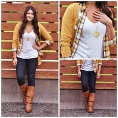 Plaid Shirt with Mustard Yellow Cardigan & Brown Knee High Boots