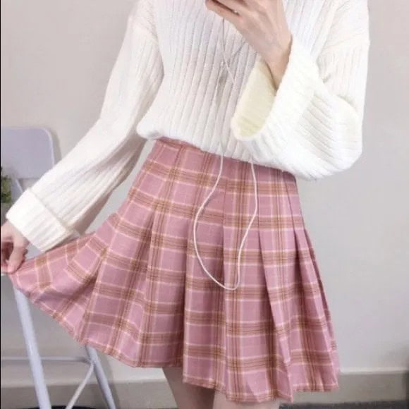 White Ribbed Knit Sweater with Blush Pink Pleated Plaid Mini Skirt