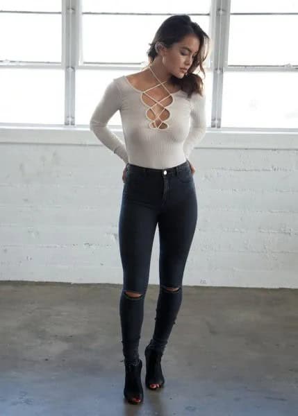 White Ribbed Skinny Fit Criss Cross Sweater with Black Jeans