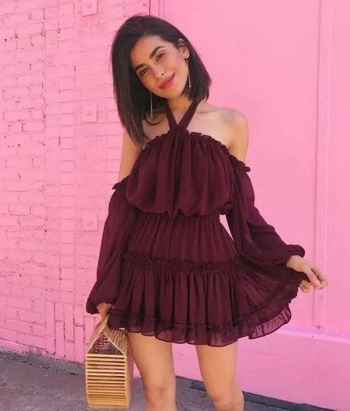 Burgundy Multiple-Layered Ruffle Halter Cocktail Dress