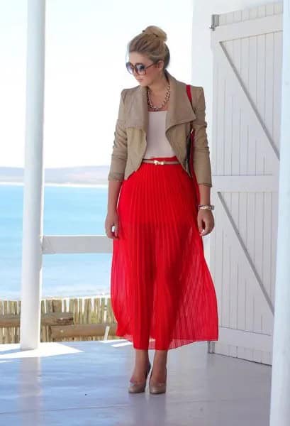 Pink Leather Jacket with Red Maxi Pleated Skirt