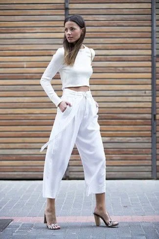 White Long Sleeve Form Fitting Crop Top with Culottes