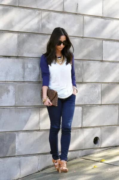 Navy Baseball T Shirt with Jeans & Statement Necklace