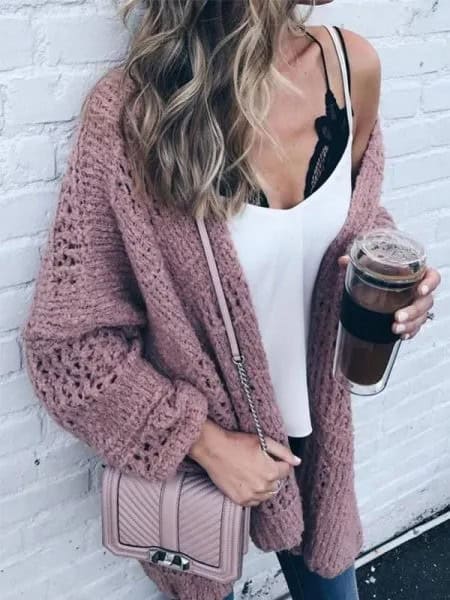 White Tank Top with Grey Oversized Sweater Cardigan