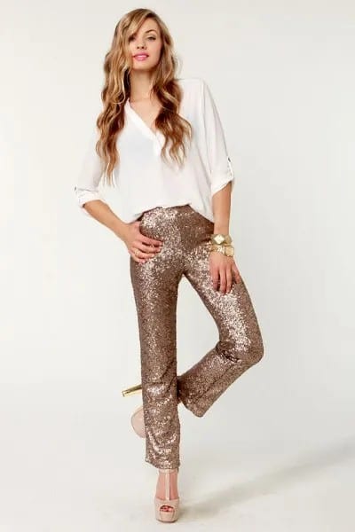 White V Neck Blouse & Rose Gold Straight Leg Glitter Pants