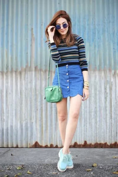 Multi-Color Striped Sweater with Blue Button Front Scallop Skirt