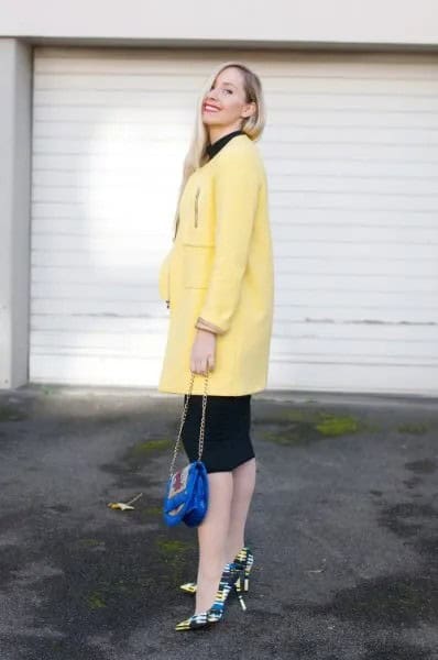 Pale Yellow Long Wool Coat with Black Knee Length Shift Dress