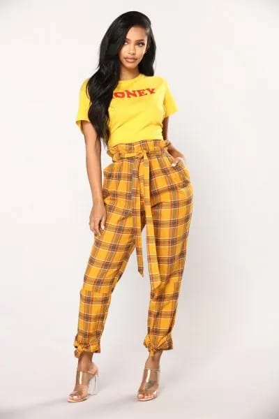 Yellow Graphic Tee with Plaid Ribbon Front Cuffed Pants