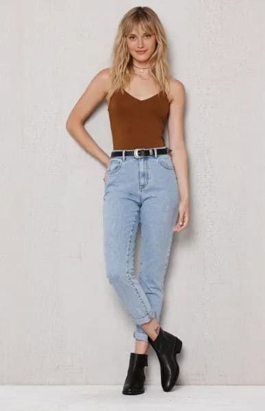 Burgundy Camisole with Vintage High Waisted Jeans