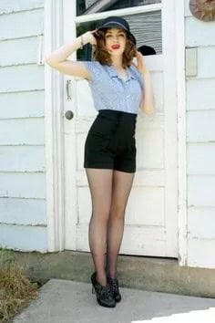 Blue Button Up Short Sleeve Fitted Shirt with Black High Waisted Vintage Shorts