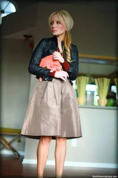 Black Leather Jacket with Grey Midi Taffeta Skirt