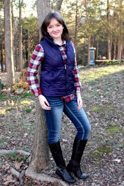 Navy Blue Quilted  Vest with Red and White Boyfriend Shirt