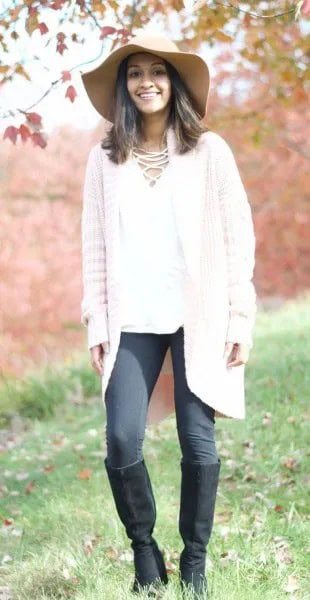 White Knit Cardigan with Grey Leggings & Knee High Boots