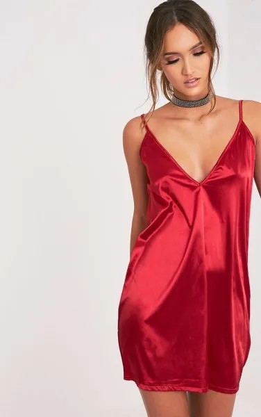 Red Deep V Neck Slip Dress with Black Choker