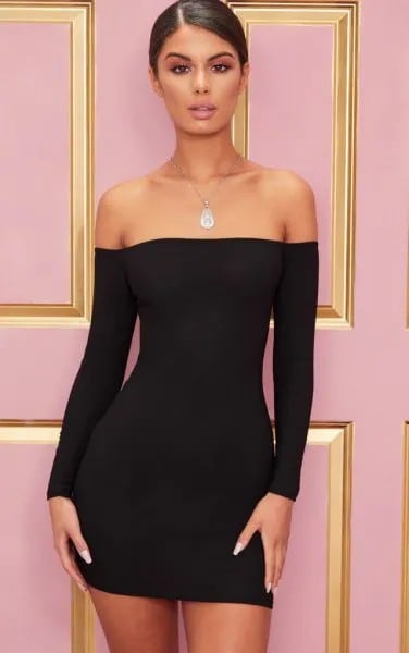 Black Long Sleeve Off The Shoulder Mini Bodycon Back Zipper Dress