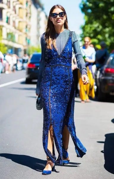 Royal Blue Sequin Maxi Cocktail Dress with Matching Loafers