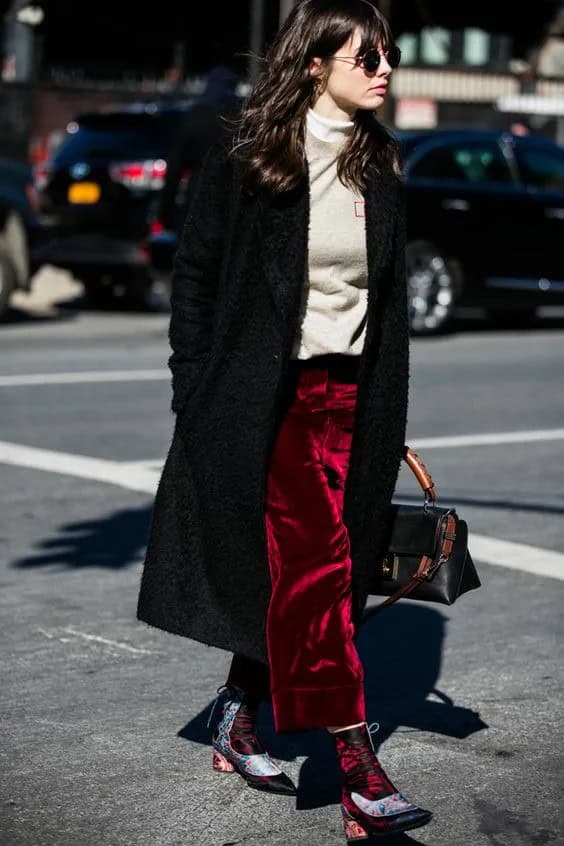 Red Velvet Pants and White Turtleneck