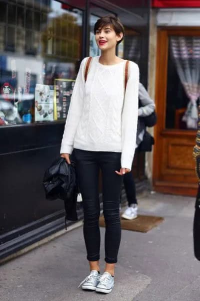 White Cable Knit Big Sweater with Black Cuffed Skinny Jeans