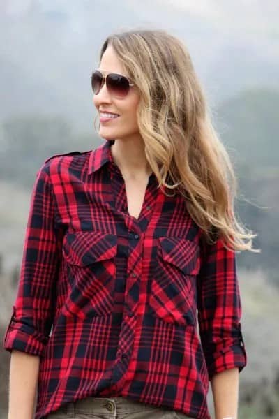 Red and Black Plaid Hiking Shirt with Grey Jeans