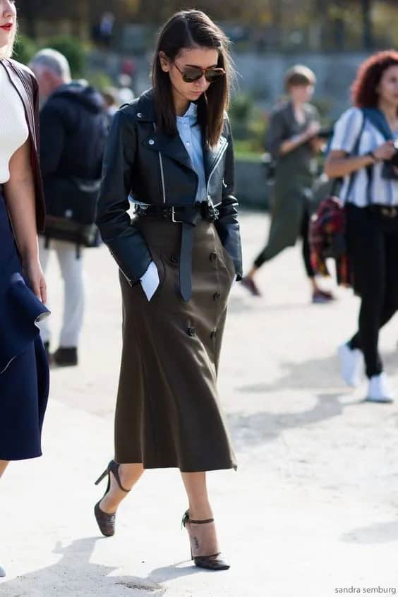 Leather Jacket + Midi Button-Down Skirt