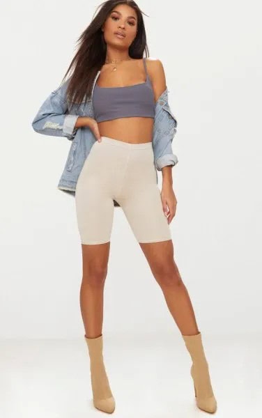 Blue Denim Jacket with Grey Cropped Tank Top & Ivory Cycling Shorts