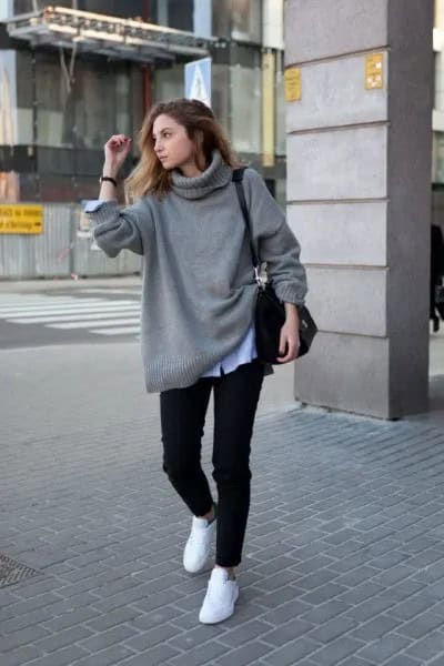 Grey Chunky Sweater with Light Blue Chambray Shirt & White Sneakers