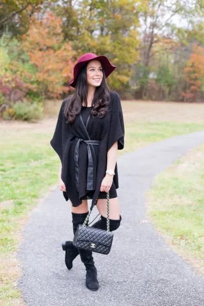 Black Shift Dress with Belted Poncho